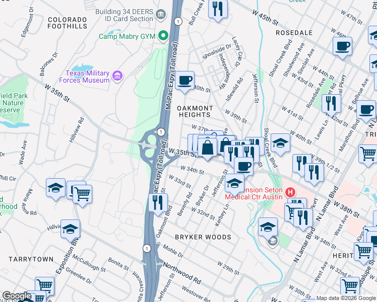 map of restaurants, bars, coffee shops, grocery stores, and more near in Austin