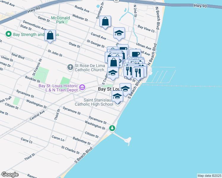 map of restaurants, bars, coffee shops, grocery stores, and more near in Bay St. Louis