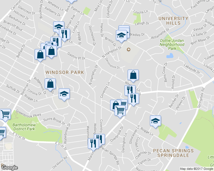 map of restaurants, bars, coffee shops, grocery stores, and more near Coventry Lane & Sweeney Lane in Austin