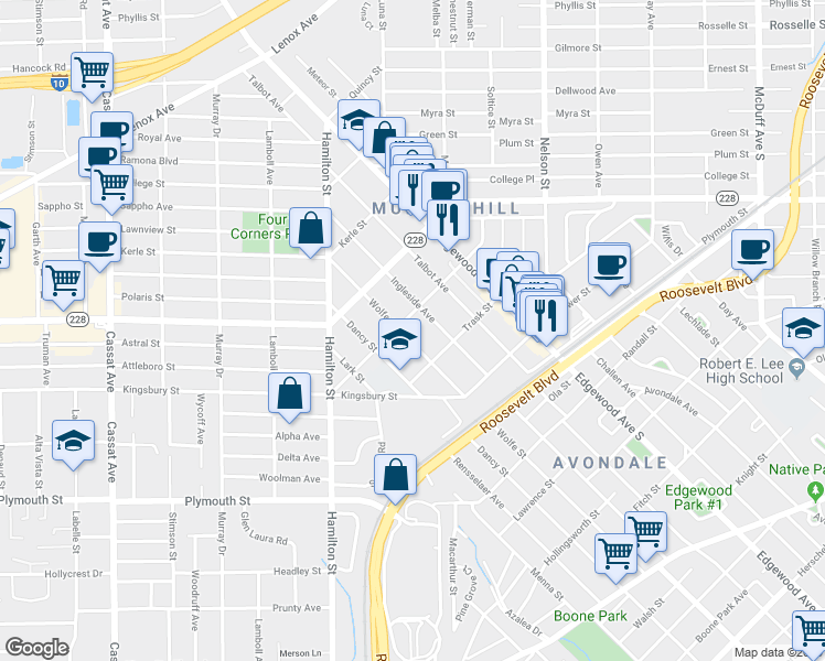 map of restaurants, bars, coffee shops, grocery stores, and more near 1076 Ingleside Avenue in Jacksonville