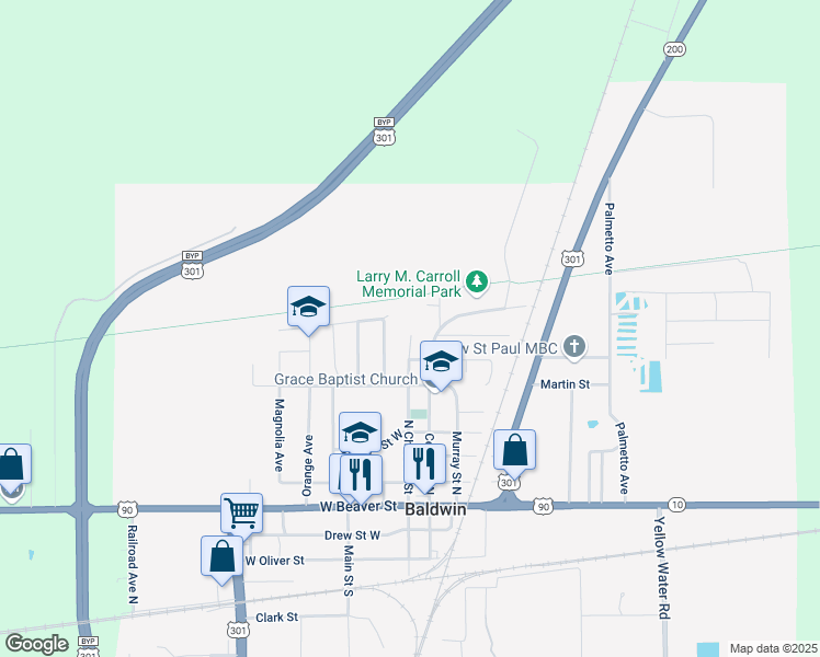 map of restaurants, bars, coffee shops, grocery stores, and more near 608 North Chestnut Street in Baldwin