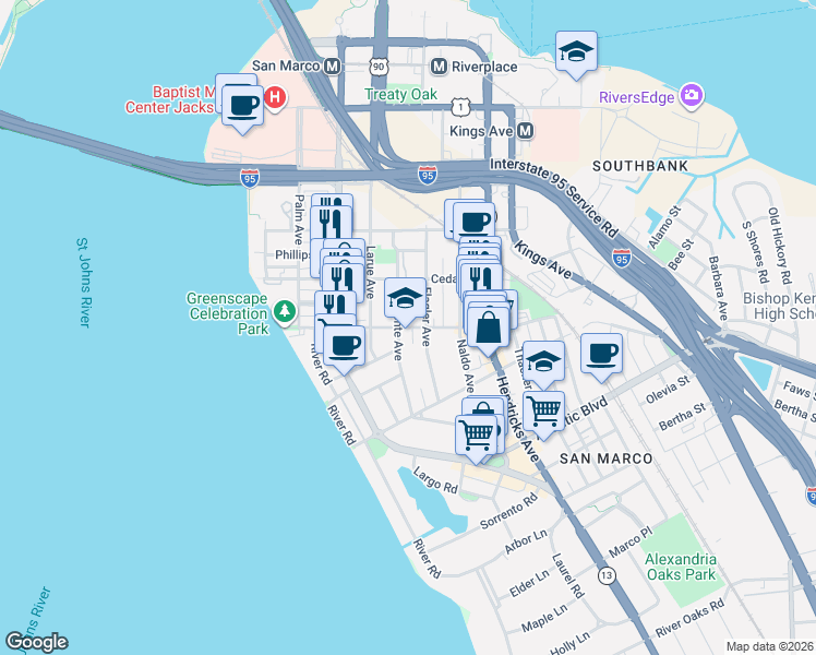 map of restaurants, bars, coffee shops, grocery stores, and more near 1216 Lasalle St in Jacksonville