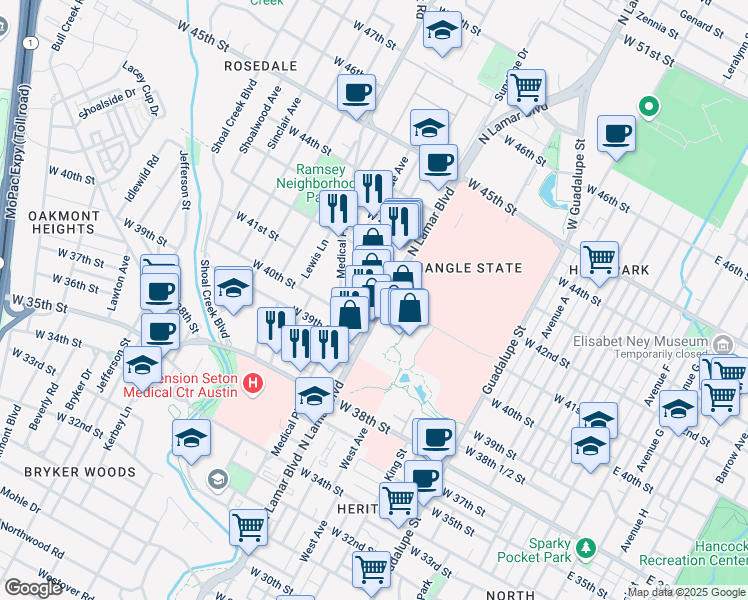 map of restaurants, bars, coffee shops, grocery stores, and more near 1005 West 41st Street in Austin