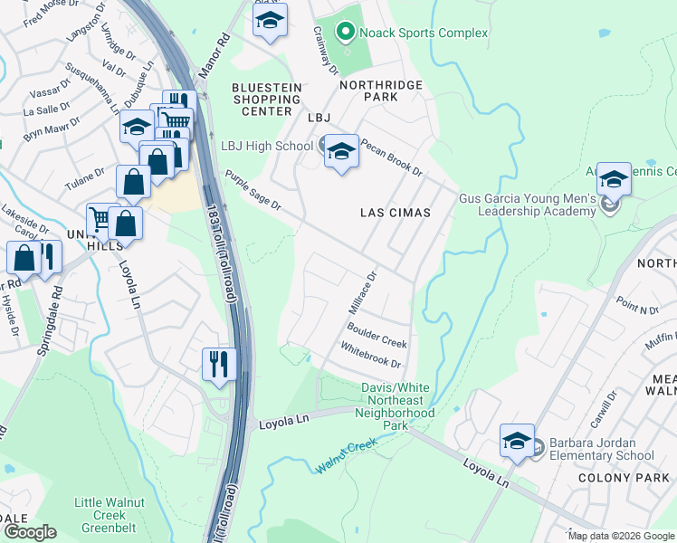 map of restaurants, bars, coffee shops, grocery stores, and more near 5505 Purple Sage Drive in Austin