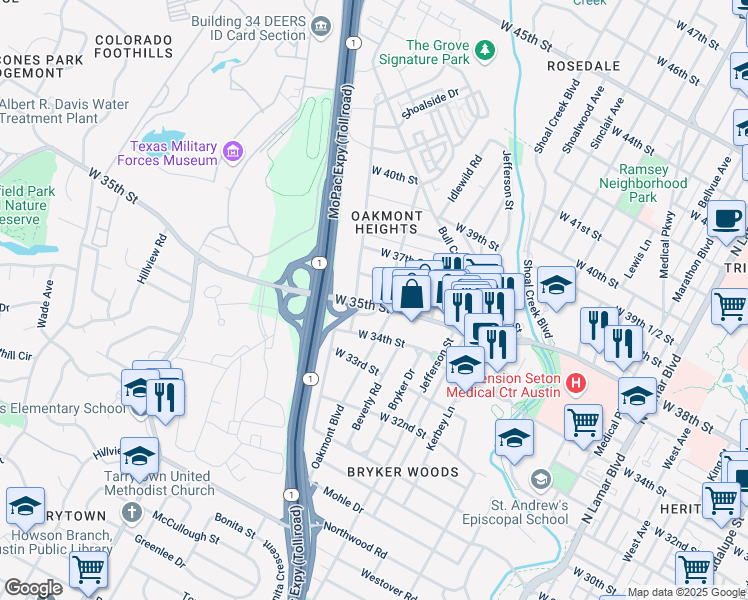 map of restaurants, bars, coffee shops, grocery stores, and more near 1904 West 35th Street in Austin