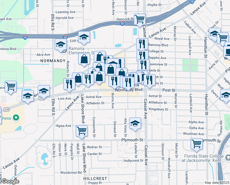 map of restaurants, bars, coffee shops, grocery stores, and more near 5172 Normandy Boulevard in Jacksonville