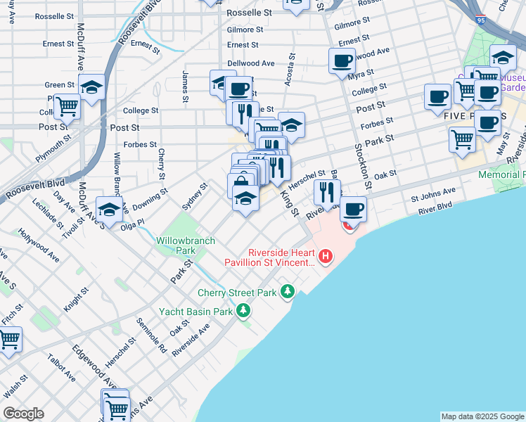map of restaurants, bars, coffee shops, grocery stores, and more near 2746 Herschel Street in Jacksonville