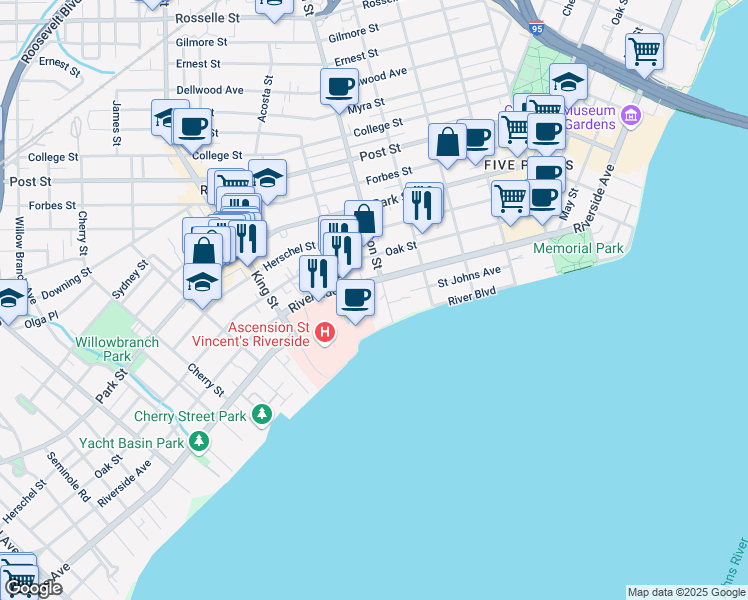 map of restaurants, bars, coffee shops, grocery stores, and more near 1750 Stockton Street in Jacksonville