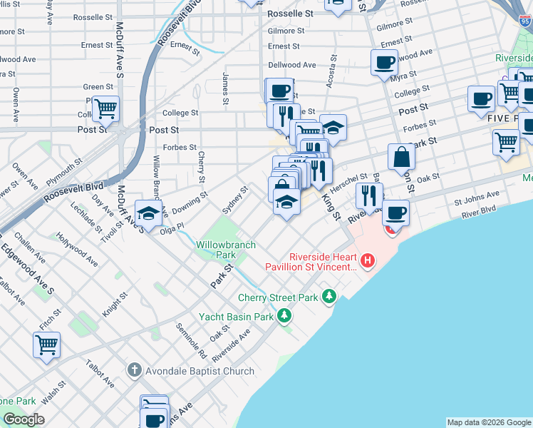 map of restaurants, bars, coffee shops, grocery stores, and more near 2795 Park Street in Jacksonville