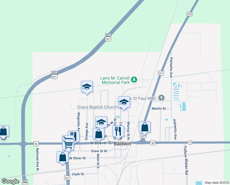 map of restaurants, bars, coffee shops, grocery stores, and more near 608 North Chestnut Street in Baldwin