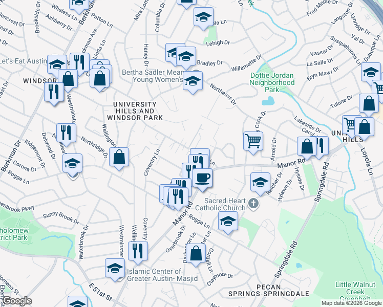 map of restaurants, bars, coffee shops, grocery stores, and more near 2706 Wheless Lane in Austin