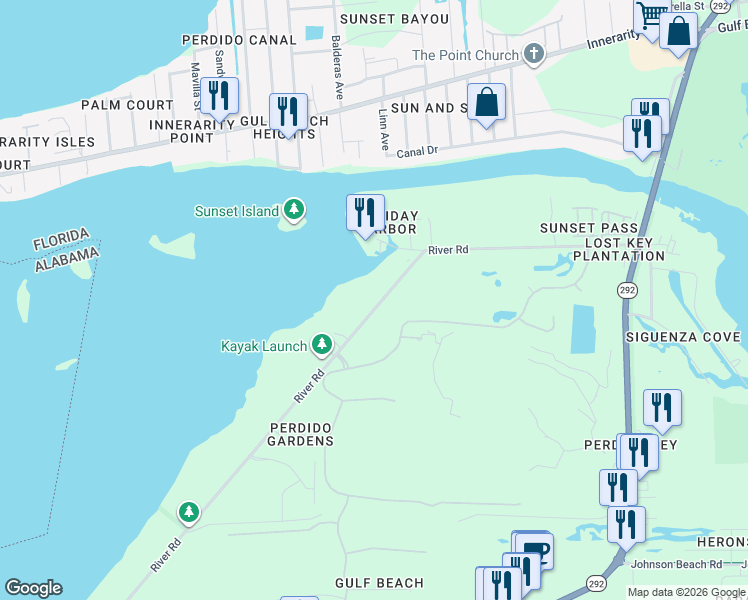 map of restaurants, bars, coffee shops, grocery stores, and more near 14116 River Road in Pensacola