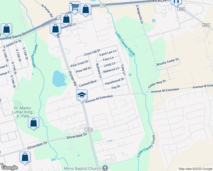 map of restaurants, bars, coffee shops, grocery stores, and more near 1706 Hazelwood Street in Conroe