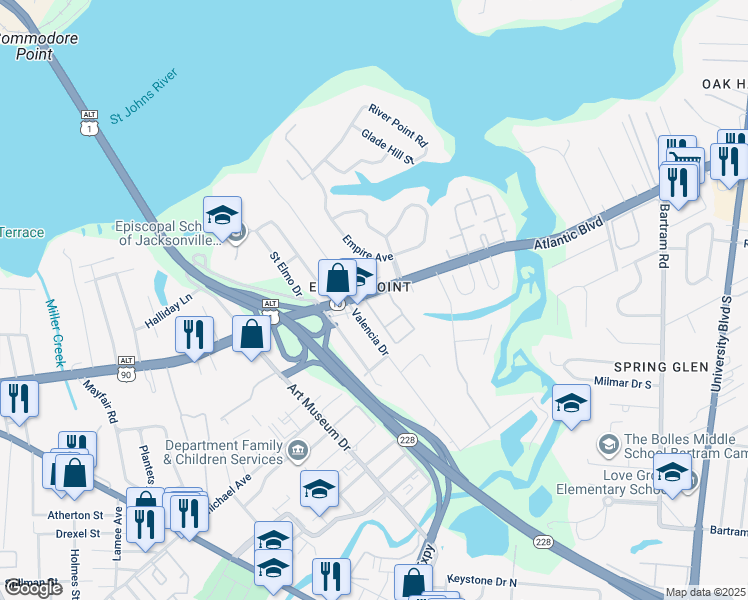 map of restaurants, bars, coffee shops, grocery stores, and more near 4736 Atlantic Boulevard in Jacksonville