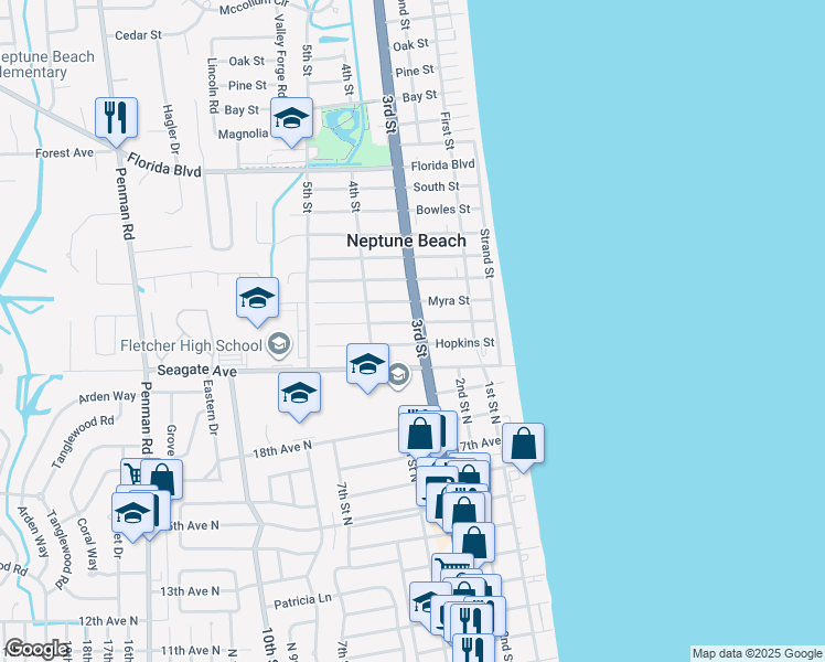 map of restaurants, bars, coffee shops, grocery stores, and more near 2004 Florida A1A in Neptune Beach