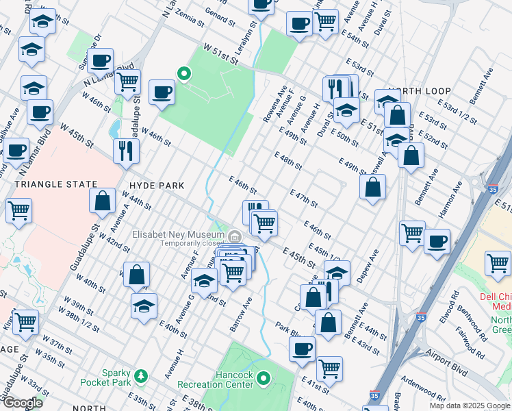 map of restaurants, bars, coffee shops, grocery stores, and more near 4522 Avenue H in Austin