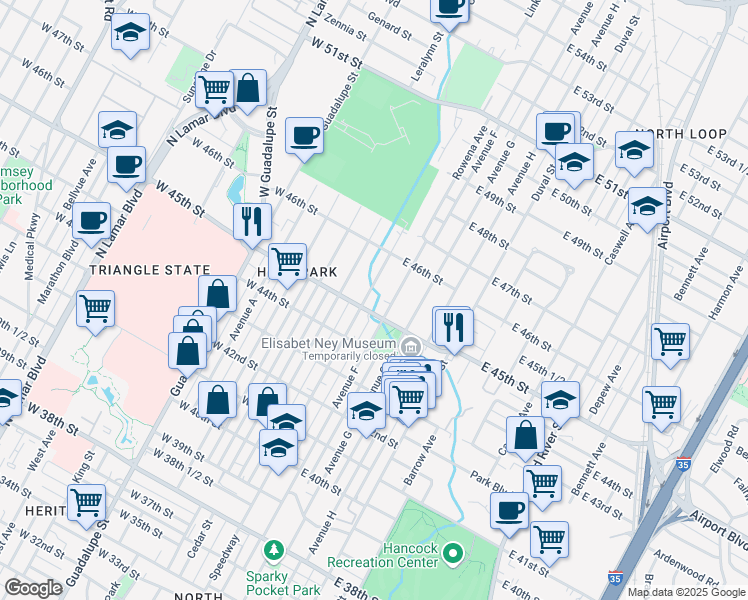 map of restaurants, bars, coffee shops, grocery stores, and more near 4505 Speedway in Austin