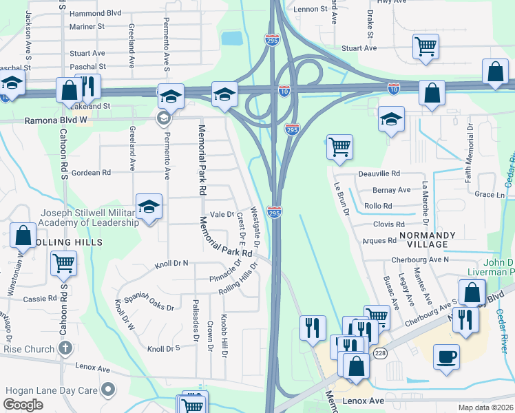 map of restaurants, bars, coffee shops, grocery stores, and more near 903 Westgate Drive in Jacksonville