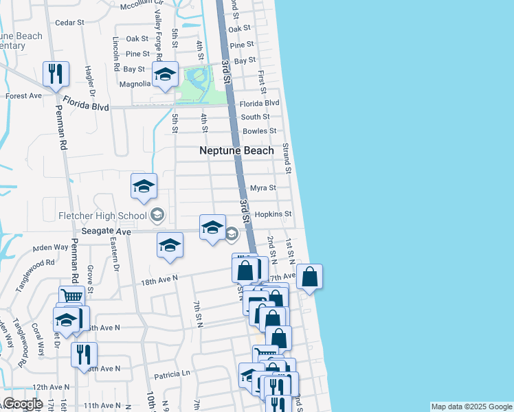 map of restaurants, bars, coffee shops, grocery stores, and more near 207 Margaret Street in Neptune Beach