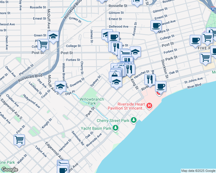 map of restaurants, bars, coffee shops, grocery stores, and more near 2795 Park Street in Jacksonville