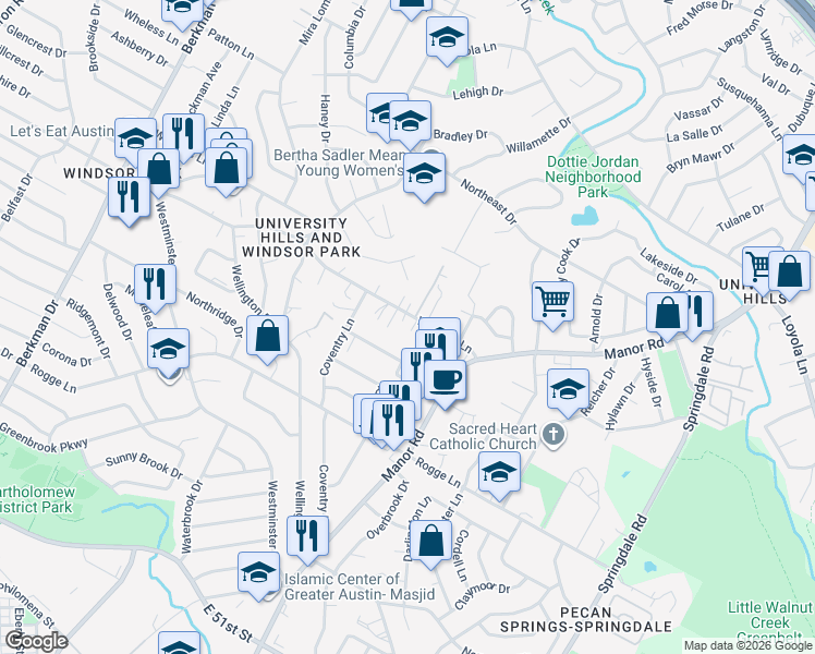 map of restaurants, bars, coffee shops, grocery stores, and more near 2603 Wheless Lane in Austin