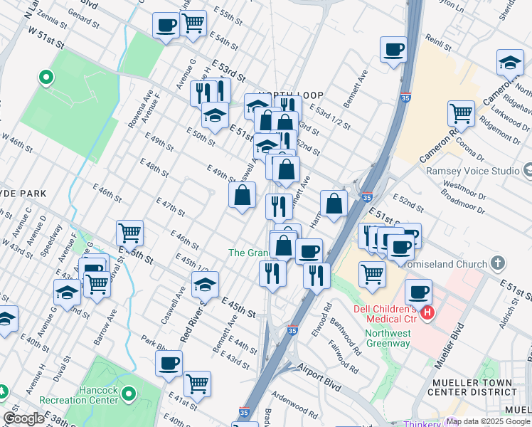 map of restaurants, bars, coffee shops, grocery stores, and more near 4804 Clarkson Avenue in Austin