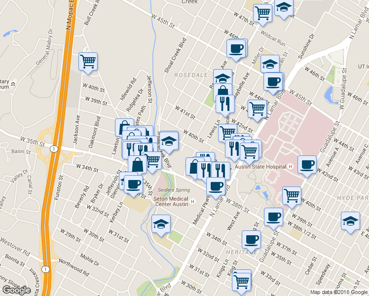 map of restaurants, bars, coffee shops, grocery stores, and more near 1405 West 39th 1/2 Street in Austin