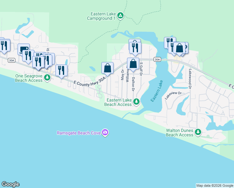 map of restaurants, bars, coffee shops, grocery stores, and more near 247 May Drive in Santa Rosa Beach