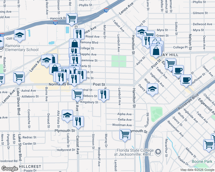 map of restaurants, bars, coffee shops, grocery stores, and more near 4654 Post Street in Jacksonville