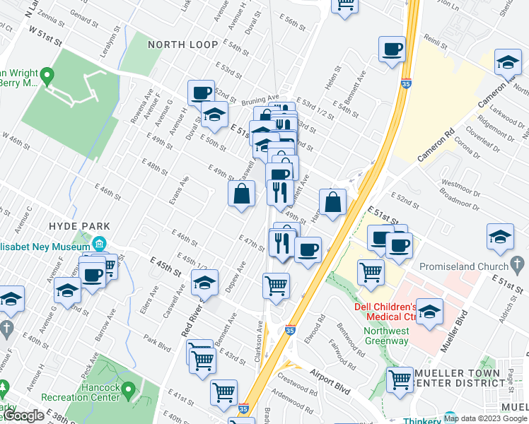 map of restaurants, bars, coffee shops, grocery stores, and more near 4802 Clarkson Avenue in Austin