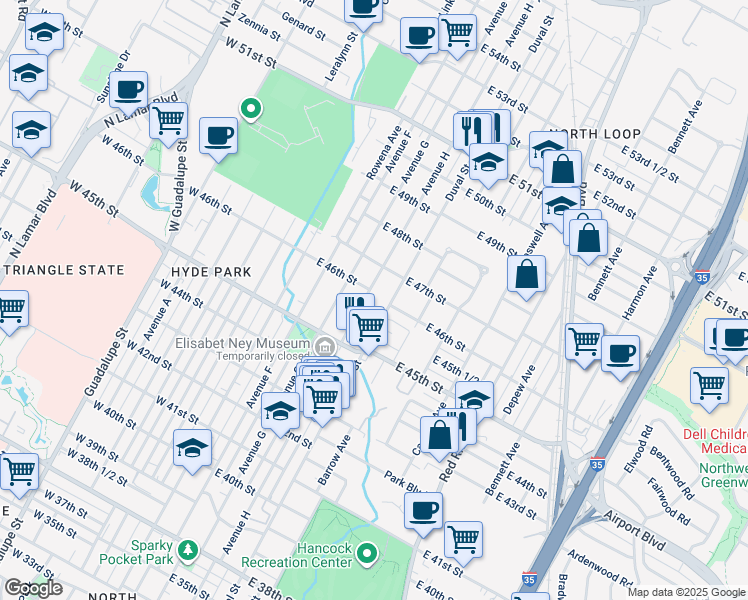 map of restaurants, bars, coffee shops, grocery stores, and more near 4529 Avenue H in Austin
