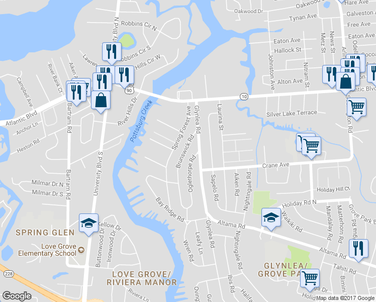 map of restaurants, bars, coffee shops, grocery stores, and more near 277 Brunswick Road in Jacksonville