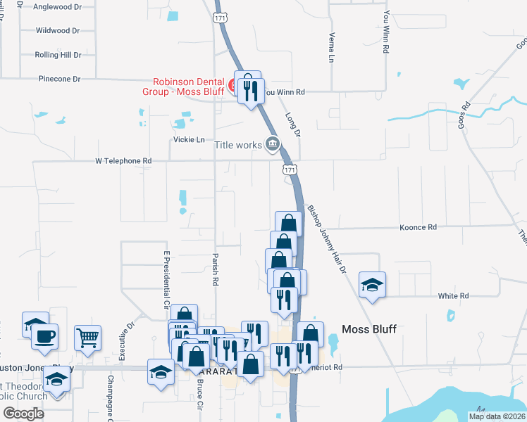 map of restaurants, bars, coffee shops, grocery stores, and more near 554 LeJuanta Street in Lake Charles