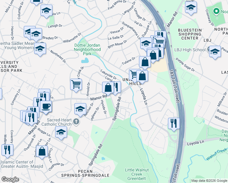 map of restaurants, bars, coffee shops, grocery stores, and more near 3407 Carol Ann Drive in Austin