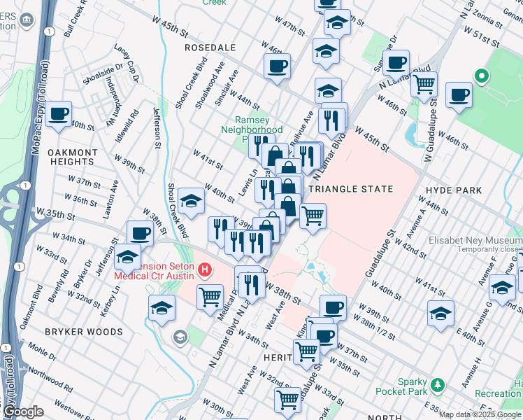 map of restaurants, bars, coffee shops, grocery stores, and more near 4000 Medical Parkway in Austin