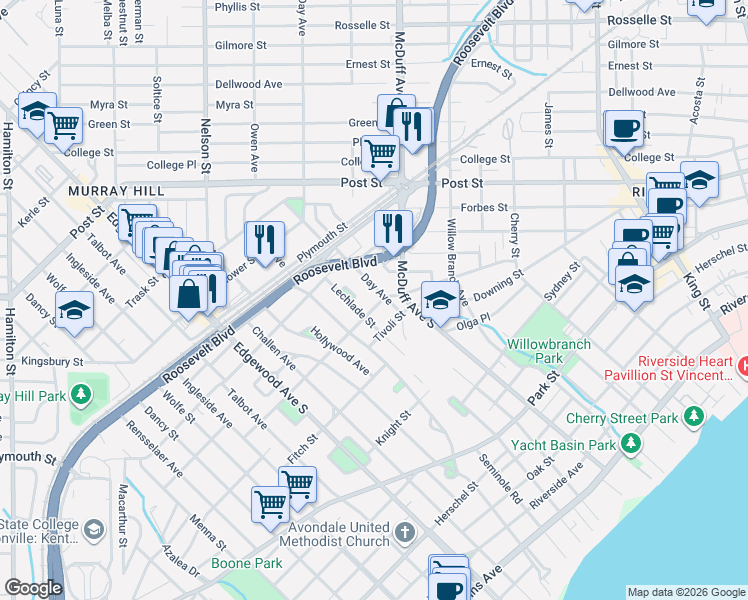 map of restaurants, bars, coffee shops, grocery stores, and more near 3211 Remington Street in Jacksonville