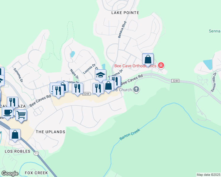 map of restaurants, bars, coffee shops, grocery stores, and more near 11816 Bee Caves Road in Austin