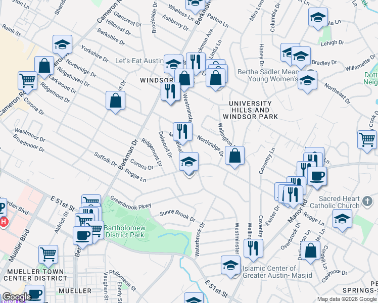 map of restaurants, bars, coffee shops, grocery stores, and more near 5602 Westminster Drive in Austin