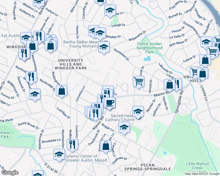 map of restaurants, bars, coffee shops, grocery stores, and more near 2706 Wheless Lane in Austin