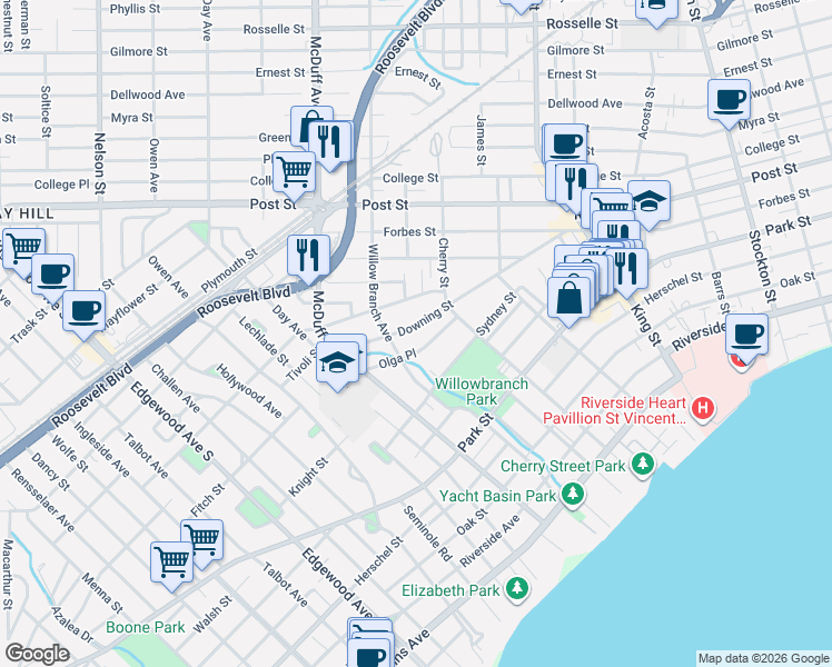 map of restaurants, bars, coffee shops, grocery stores, and more near 2910 Downing Street in Jacksonville