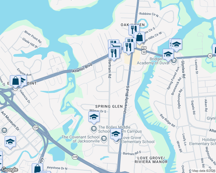 map of restaurants, bars, coffee shops, grocery stores, and more near 1838 Bartram Road in Jacksonville