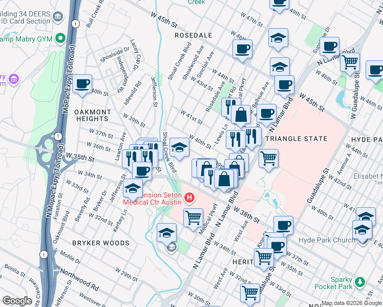 map of restaurants, bars, coffee shops, grocery stores, and more near 1405 West 39th 1/2 Street in Austin