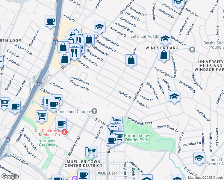 map of restaurants, bars, coffee shops, grocery stores, and more near 1427 Suffolk Drive in Austin
