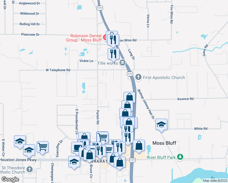 map of restaurants, bars, coffee shops, grocery stores, and more near 549 LeJuanta St in Lake Charles