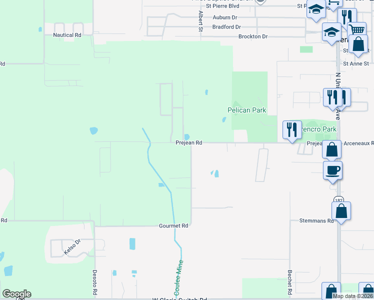 map of restaurants, bars, coffee shops, grocery stores, and more near 104 Gourmet Road in Carencro