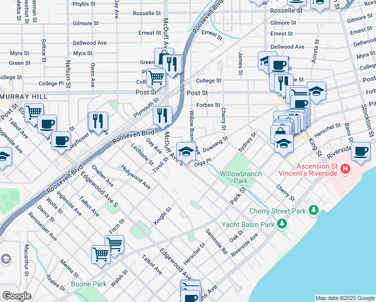 map of restaurants, bars, coffee shops, grocery stores, and more near 2959 Downing St in Jacksonville