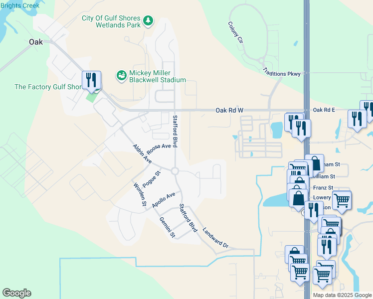 map of restaurants, bars, coffee shops, grocery stores, and more near 5807 Shady Woods Court in Gulf Shores
