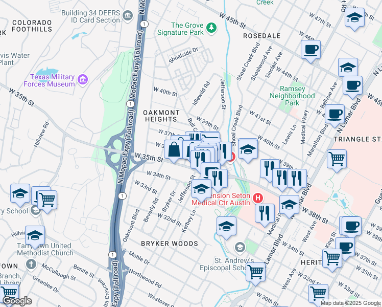 map of restaurants, bars, coffee shops, grocery stores, and more near 3513 Lawton Avenue in Austin