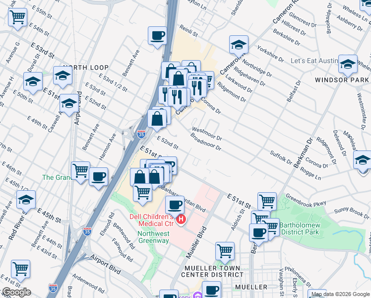 map of restaurants, bars, coffee shops, grocery stores, and more near 1302 East 52nd Street in Austin