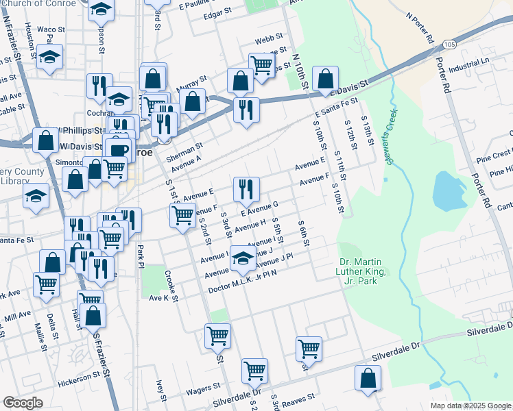 map of restaurants, bars, coffee shops, grocery stores, and more near 609 East Avenue G in Conroe